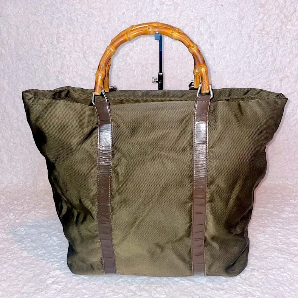 Gucci Vintage Bamboo Handle Nylon Leather Large Shopper Tote Olive Green Brown - Picture 5 of 15